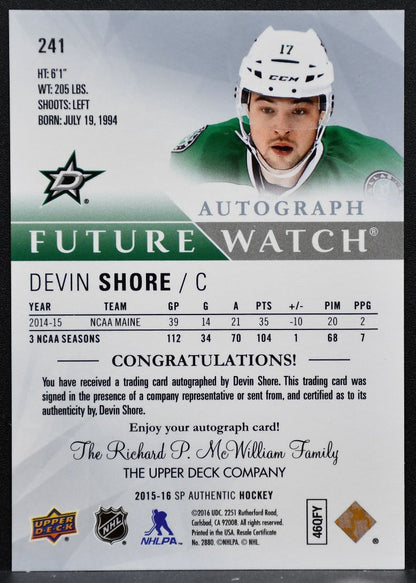 2015-16 SP Authentic Future Watch Auto Devin Shore Stars RC Auto 663/999 1018