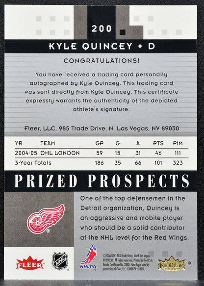 2005-06 Fleer Hot Prospects Prized Prospects Kyle Quincey Red Wings RC Auto 1535