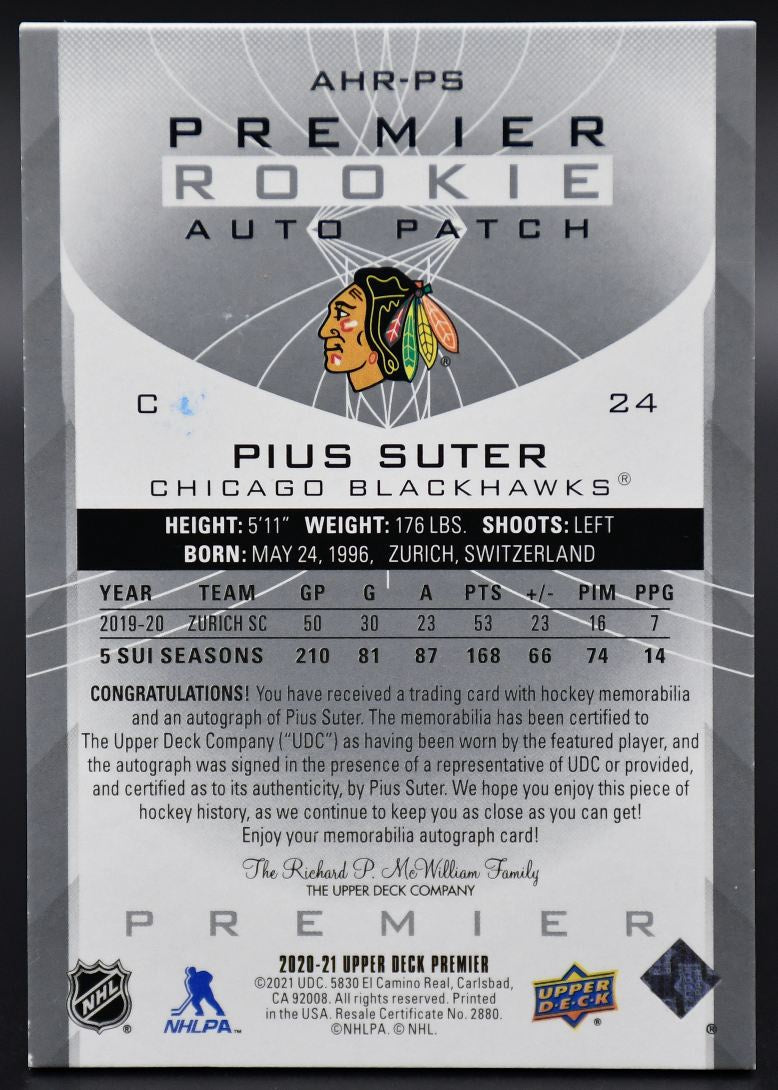 2020-21 UD Premier Pius Suter AHR-PS Chicago Blackhawks RC Auto 36/49 Patch