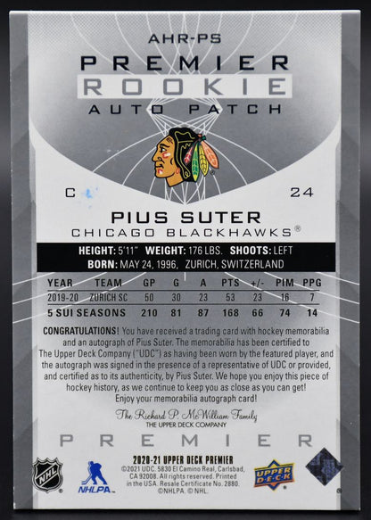 2020-21 UD Premier Pius Suter AHR-PS Chicago Blackhawks RC Auto 36/49 Patch