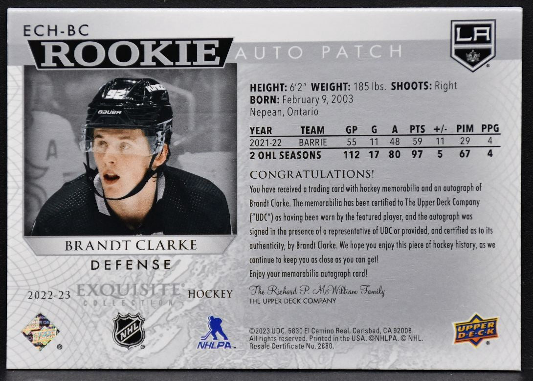 22-23 UD The Cup Exquisite Collection RC Auto Patch Horizontal Clarke Kings RC 4320