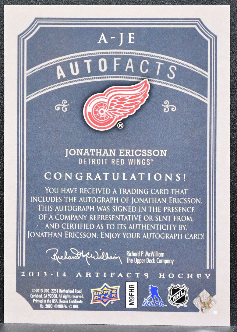 2013-14 UD Artifacts Autofacts Jonathan Ericsson A-JE Red Wings Auto 1830