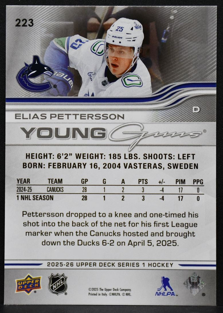 2025-26 Upper Deck Series 1 Young Guns Elias Pettersson 223 Vancouver Canucks RC 2067