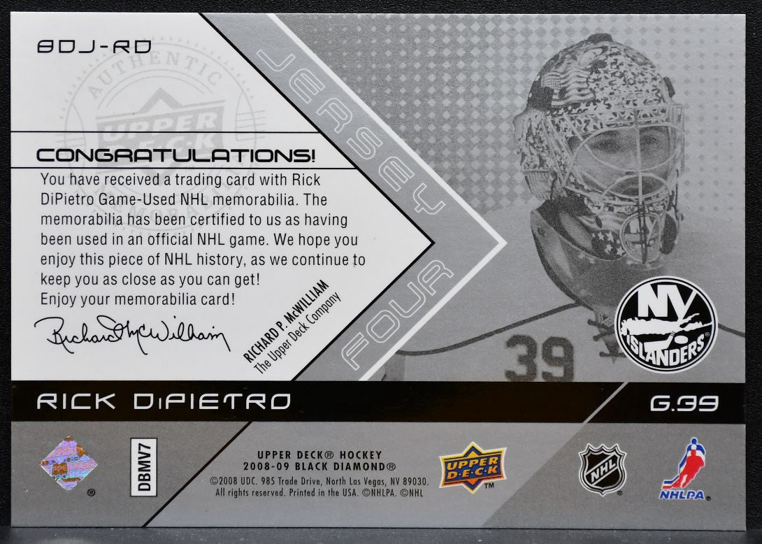 2008-09 UD Black Diamond Jerseys Quad Rick DiPietro BDJ-RD Islanders Jersey 6175