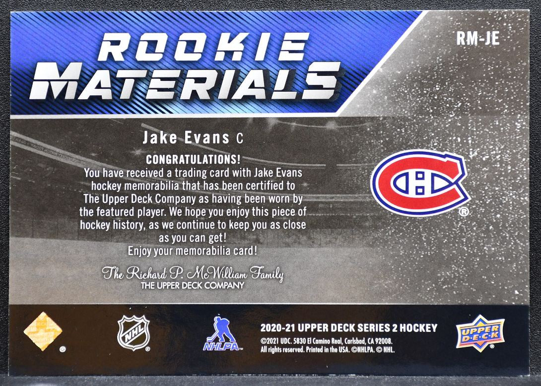 2020-21 UD Series 2 Rookie Materials Jake Evans RM-JE Canadiens RC Jersey 0271