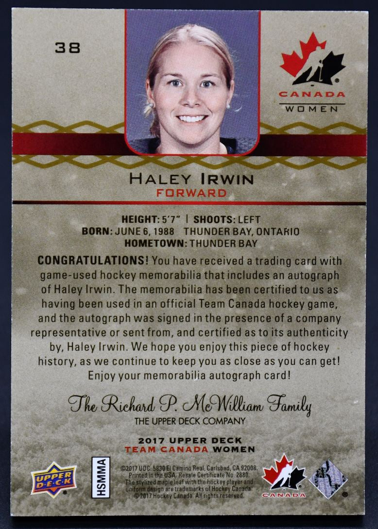 2017-18 UD Team Canada Juniors Canada Premium Haley Irwin 38 Auto 055/199 Patch