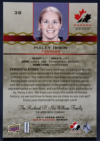 2017-18 UD Team Canada Juniors Canada Premium Haley Irwin 38 Auto 055/199 Patch