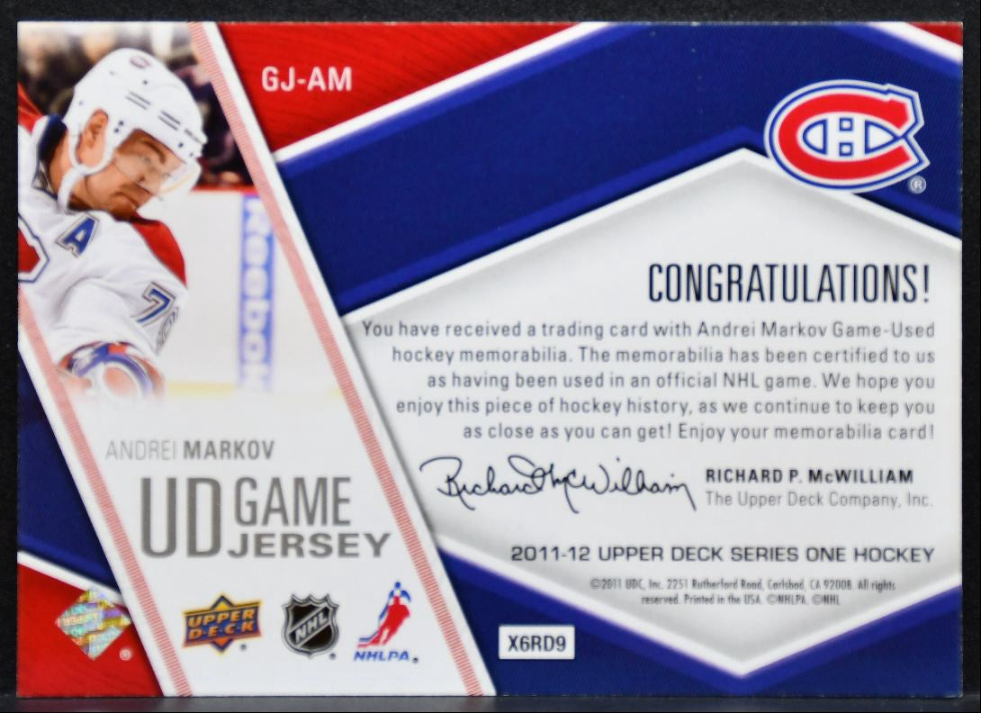 2011-12 Upper Deck Series 1 UD Game Jerseys Andrei Markov Canadiens Jersey 9113