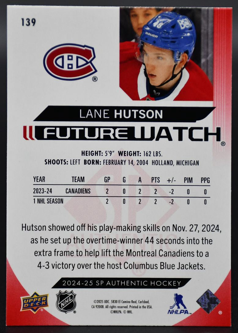 2024-25 SP Authentic Lane Hutson 139 Montreal Canadiens RC