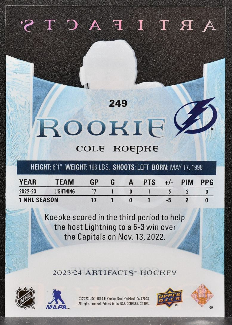 2023-24 UD Artifacts Update 2022-23 Clear Cut Rookies Cole Koepke Lightning 6854