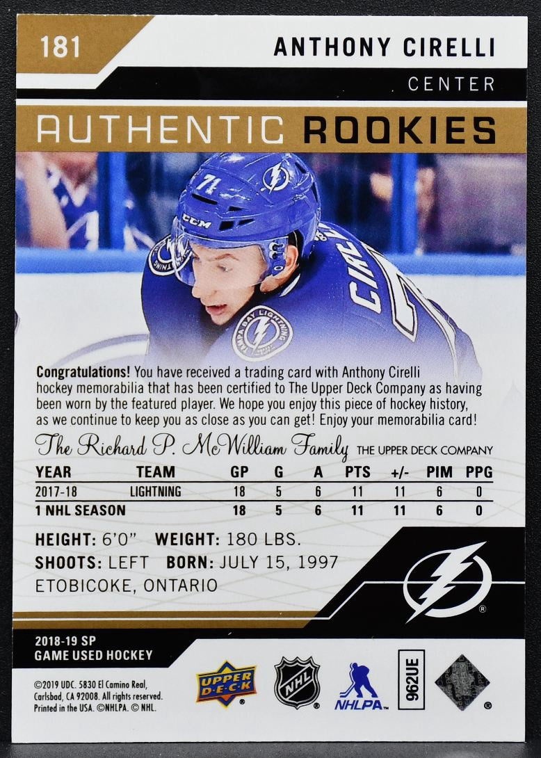 2018-19 SP Game Used Authentic Rookies Gold Jersey Relic Cirelli RC Jersey 7985