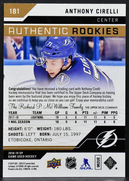 2018-19 SP Game Used Authentic Rookies Gold Jersey Relic Cirelli RC Jersey 7985