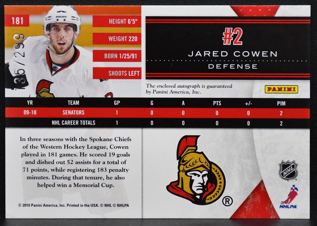 2010-11 Panini Limited Phenoms Jared Cowen 181 Senators RC Auto 135/299 2209