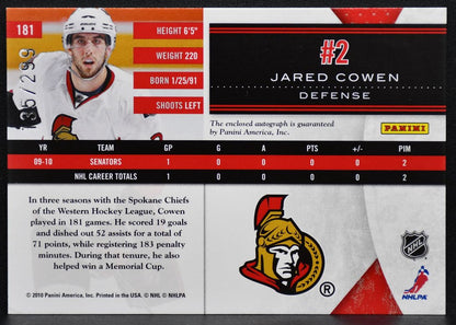 2010-11 Panini Limited Phenoms Jared Cowen 181 Senators RC Auto 135/299 2209