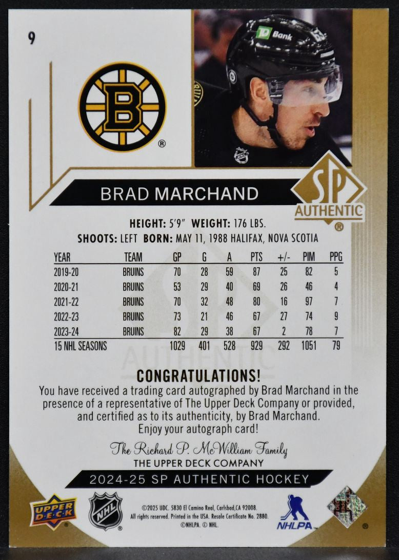 2024-25 SP Authentic Auto Limited Brad Marchand 9 Boston Bruins Auto 4634