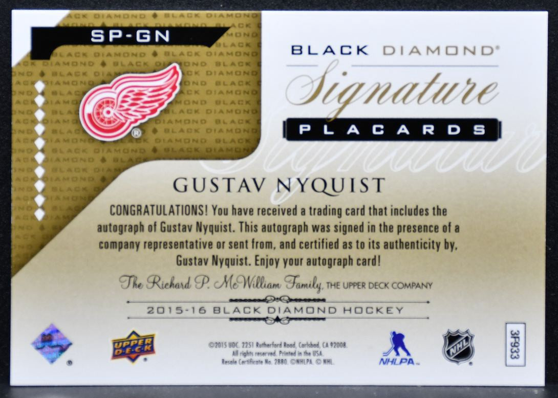 2015-16 UD Black Diamond Signature Placards Gustav Nyquist Red Wings Auto 3685