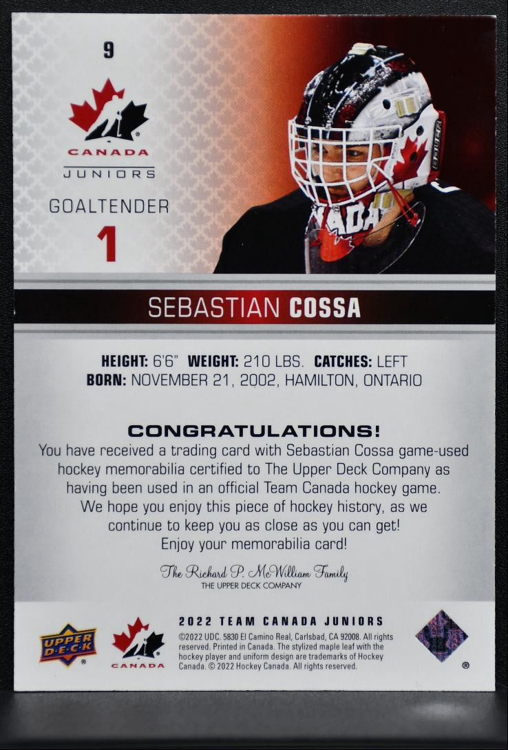 2022-23 UD Team Canada Juniors Jersey Sebastian Cossa Jersey 1169