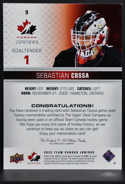 2022-23 UD Team Canada Juniors Jersey Sebastian Cossa Jersey 1169