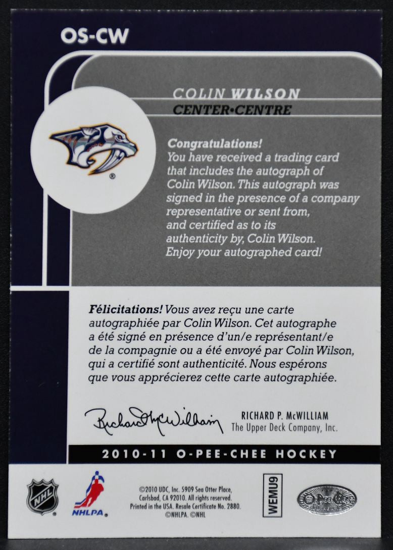 2010-11 O-Pee-Chee Signatures Colin Wilson OS-CW Nashville Predators Auto 3801
