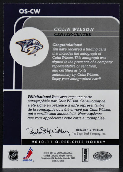 2010-11 O-Pee-Chee Signatures Colin Wilson OS-CW Nashville Predators Auto 3801