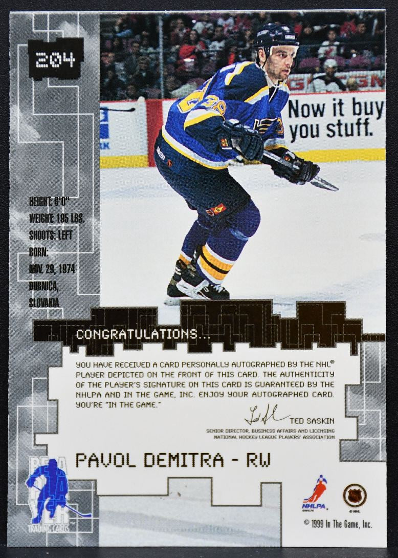 1999-100 Be A Player Millenium Auto Series Auto Pavol Demitra 8 Blues Auto 8997