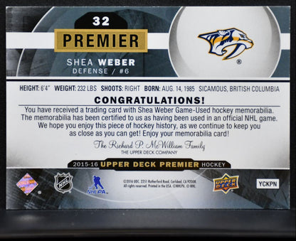 2015-16 Upper Deck Premier Base Jersey Shea Weber Predators 062/199 Jersey 5814