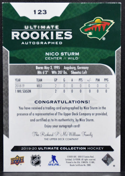 2019-20 UD Ultimate Collection Rookies Auto Nico Sturm Wild RC Auto 251/299 5023