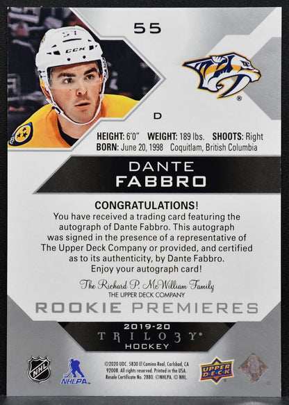 2019-20 UD Trilogy Silver Foil Auto Rookies Tier 1 Dante Fabbro RC Auto 1854