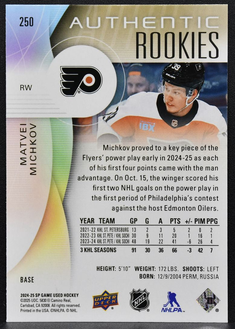 2024-25 SP Game Used Authentic Rookies Matvei Michkov 250 RC 7510