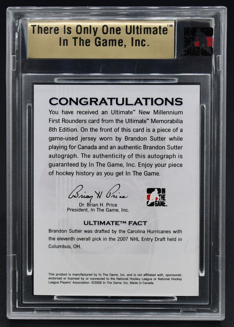 2007-08 ITG 8th New Millenium First Rounders Brandon Sutter RC Auto 30/40 Jersey