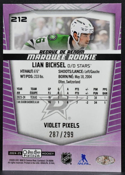 2024-25 OPC Platinum Marquee Rookie Violet Pixels Lian Bichsel Stars RC 1464