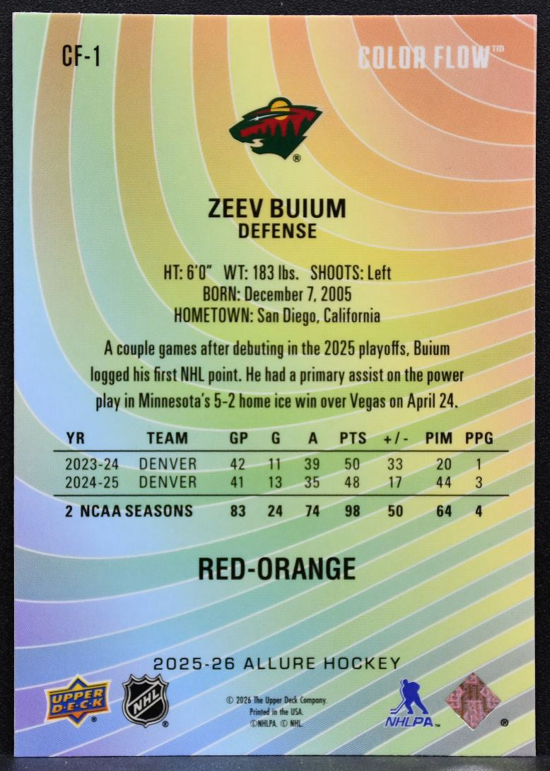 2025-26 Upper Deck Allure Color Flow Red-Orange Zeev Buium CF-1 Wild RC 3929