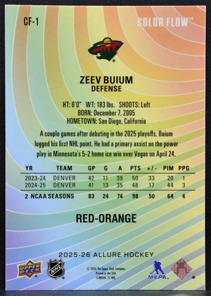 2025-26 Upper Deck Allure Color Flow Red-Orange Zeev Buium CF-1 Wild RC 3929