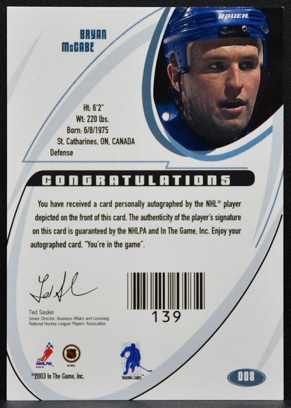 2002-03 In The Game Signatures Bryan McCabe 008 Toronto Maple Leafs 4780
