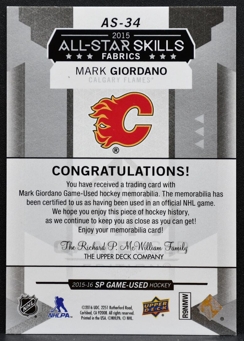 2015-16 SP Game Used 2015 All-Star Skills Fabrics Mark Giordano Jersey 6328