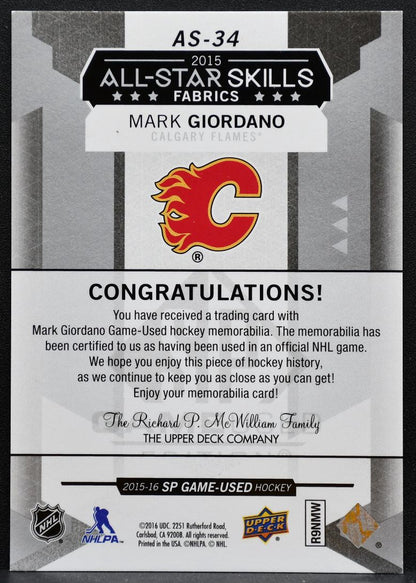 2015-16 SP Game Used 2015 All-Star Skills Fabrics Mark Giordano Jersey 6328