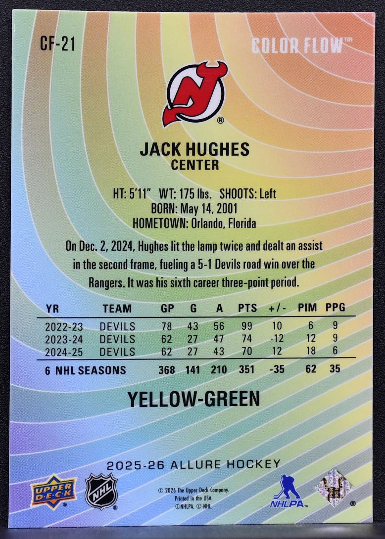 2025-26 UD Allure Color Flow Yellow-Green Jack Hughes CF-21 New Jersey Devils 8014