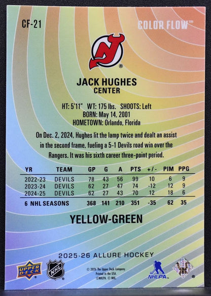 2025-26 UD Allure Color Flow Yellow-Green Jack Hughes CF-21 New Jersey Devils 8014
