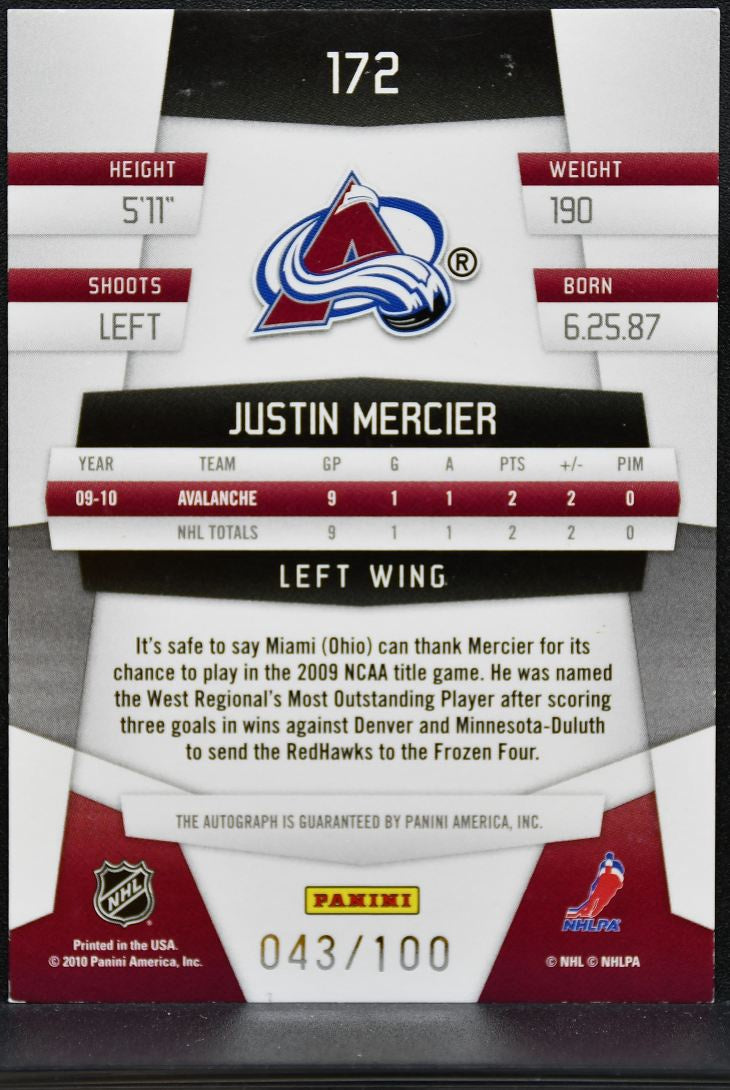 2010-11 Panini Certified Mirror Blue Justin Mercier Avalanche RC Auto /100 1578