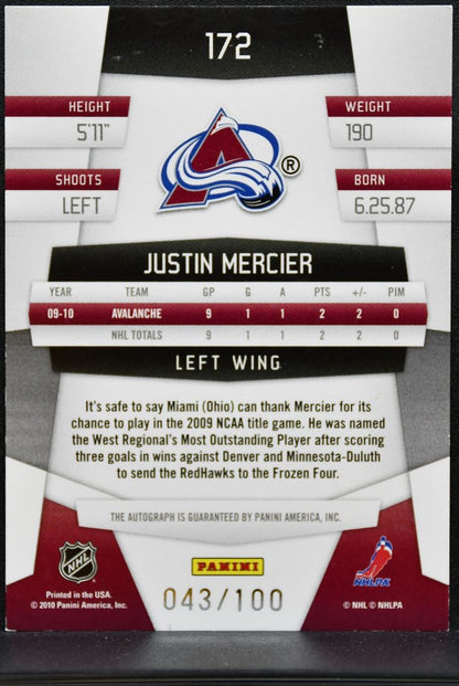 2010-11 Panini Certified Mirror Blue Justin Mercier Avalanche RC Auto /100 1578