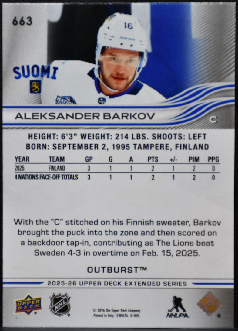 2025-26 Upper Deck Extended Series Outburst Aleksander Barkov 663 Finland 6901