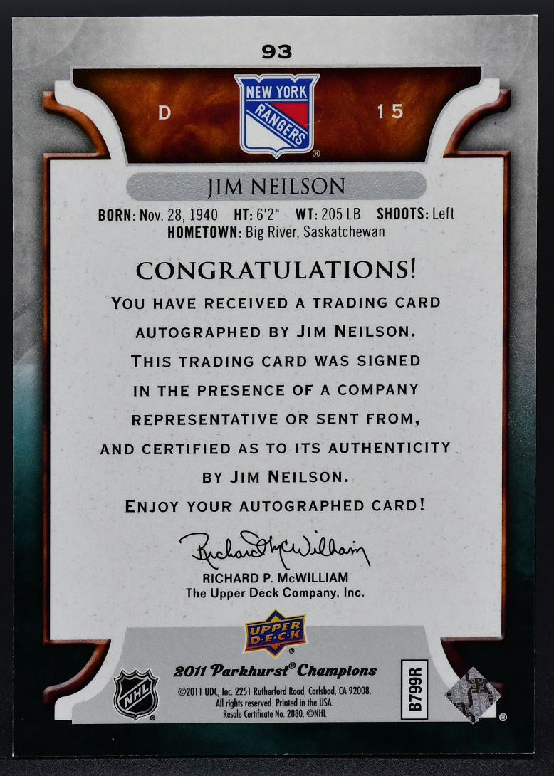 2011-12 UD Parkhurst Champions Auto Jim Neilson 93 Auto