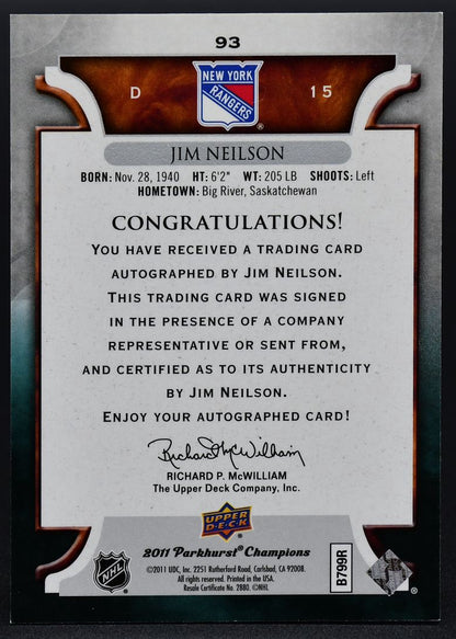 2011-12 UD Parkhurst Champions Auto Jim Neilson 93 Auto