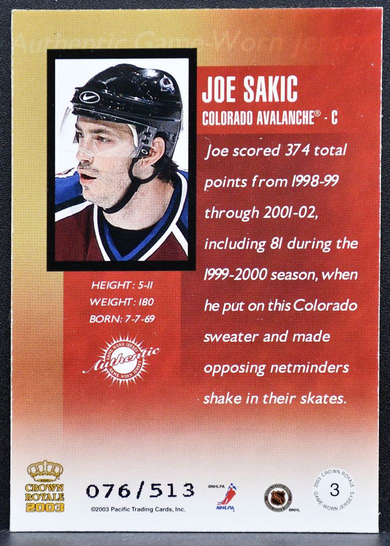 2003-04 Pacific Crown Royale Jersey Joe Sakic 3 Avalanche 076/513 Jersey 7820