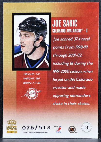 2003-04 Pacific Crown Royale Jersey Joe Sakic 3 Avalanche 076/513 Jersey 7820