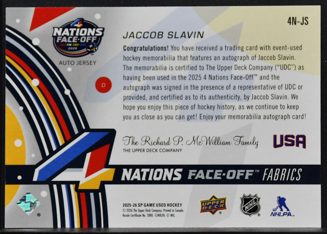 2025-26 SP Game Used 4 Nations Face Off Fabrics Jaccob Slavin Auto Jersey 7008