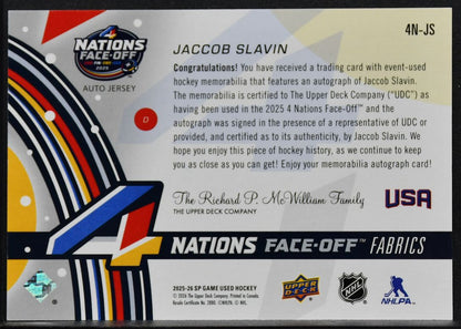 2025-26 SP Game Used 4 Nations Face Off Fabrics Jaccob Slavin Auto Jersey 7008