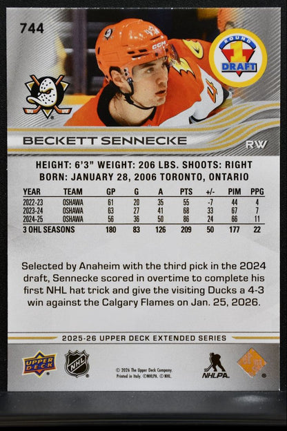 2025-26 UD Extended Series Round 1 Draft Beckett Sennecke Anaheim Ducks RC 3567