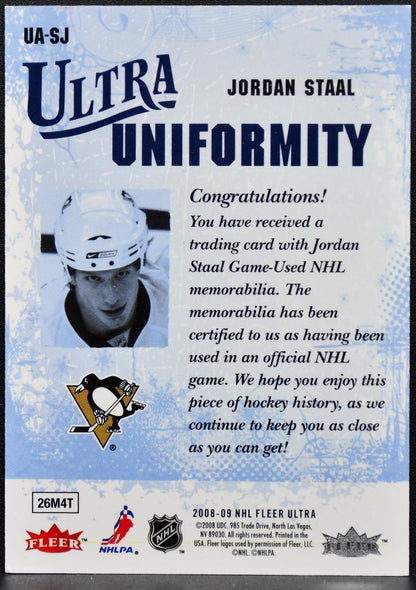 2008-09 Fleer Ultra Uniformity Jordan Staal UA-SJ Penguins Jersey 0628