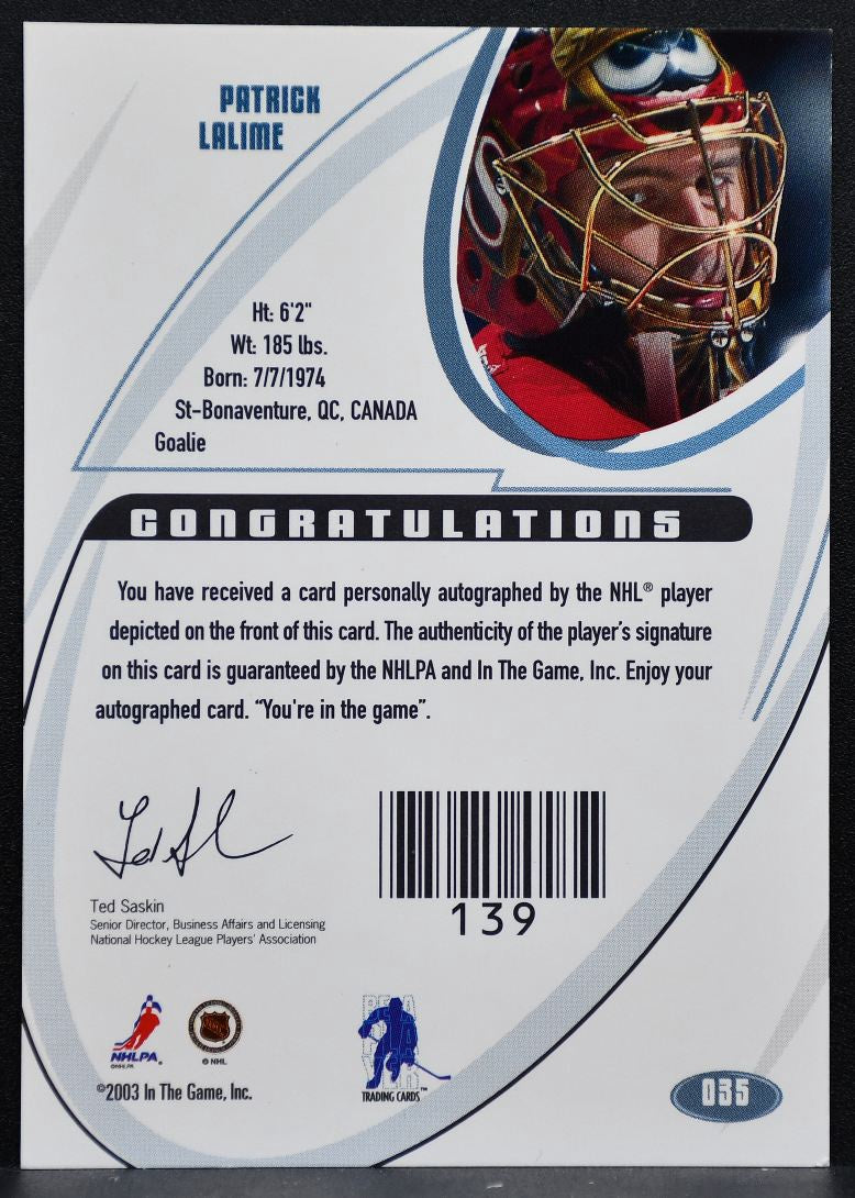 2002-03 In The Game Signature Series Auto Gold Patrick Lalime Senators Auto 0998